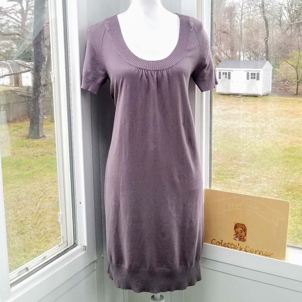 Short Sleeve Gray Rib Scoop Neck Sweater Dress